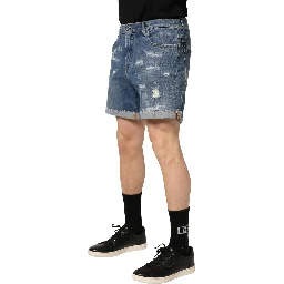 Blue Cotton Distressed Denim Bermuda Shorts