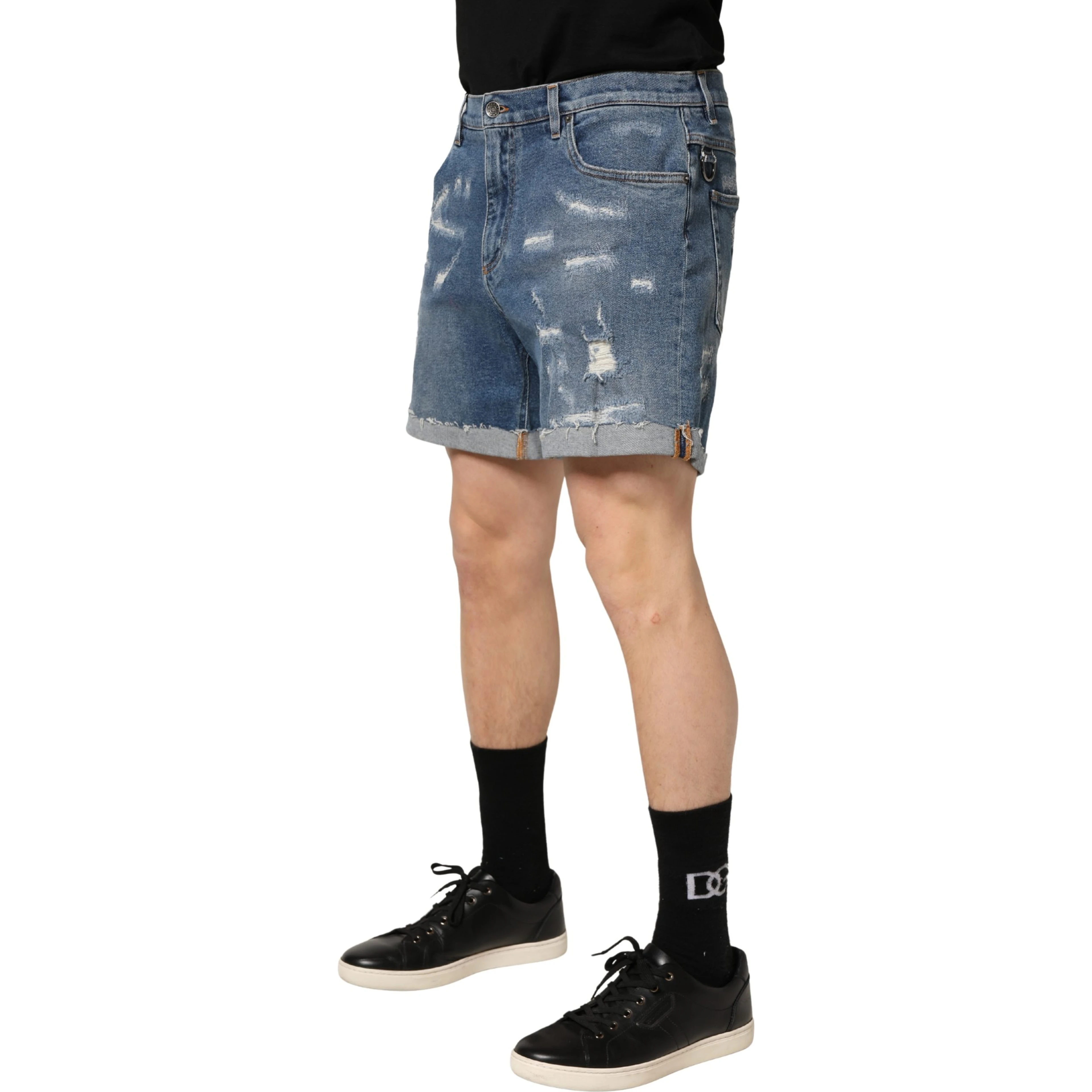 Blue Cotton Distressed Denim Bermuda Shorts