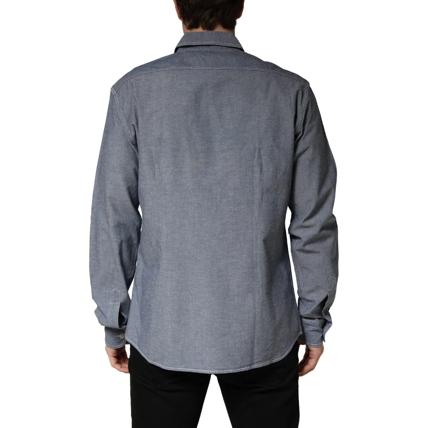 Dark Blue Slim Fit Collared Long Sleeve Denim Shirt