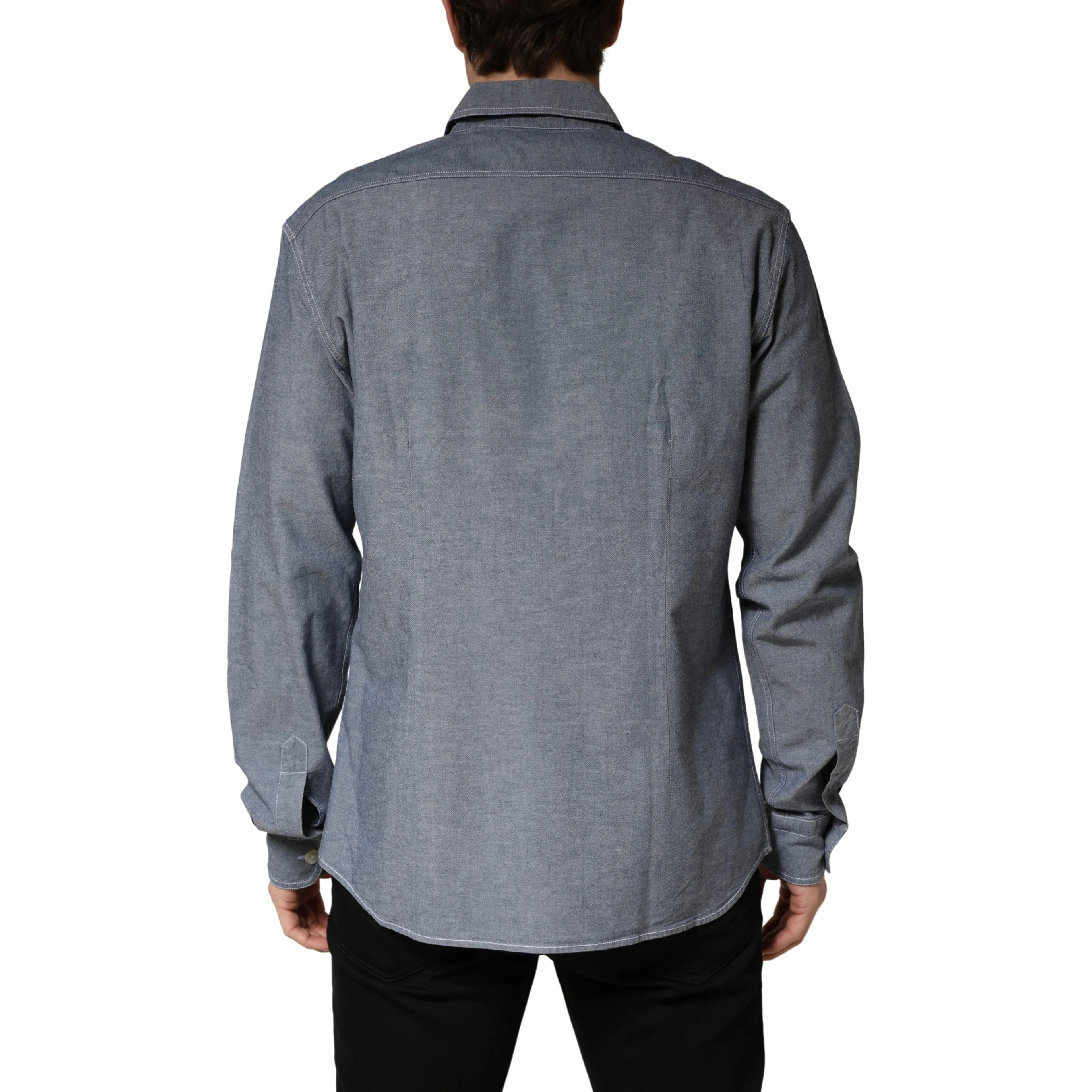 Dark Blue Slim Fit Collared Long Sleeve Denim Shirt