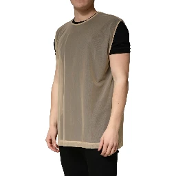 Beige Crew Neck Sleeveless Mesh Top  T-shirt