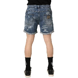 Blue Cotton Distressed Denim Bermuda Shorts