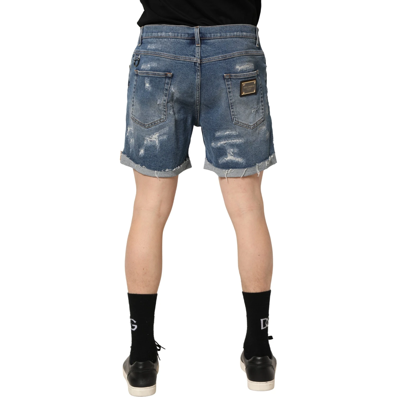 Blue Cotton Distressed Denim Bermuda Shorts