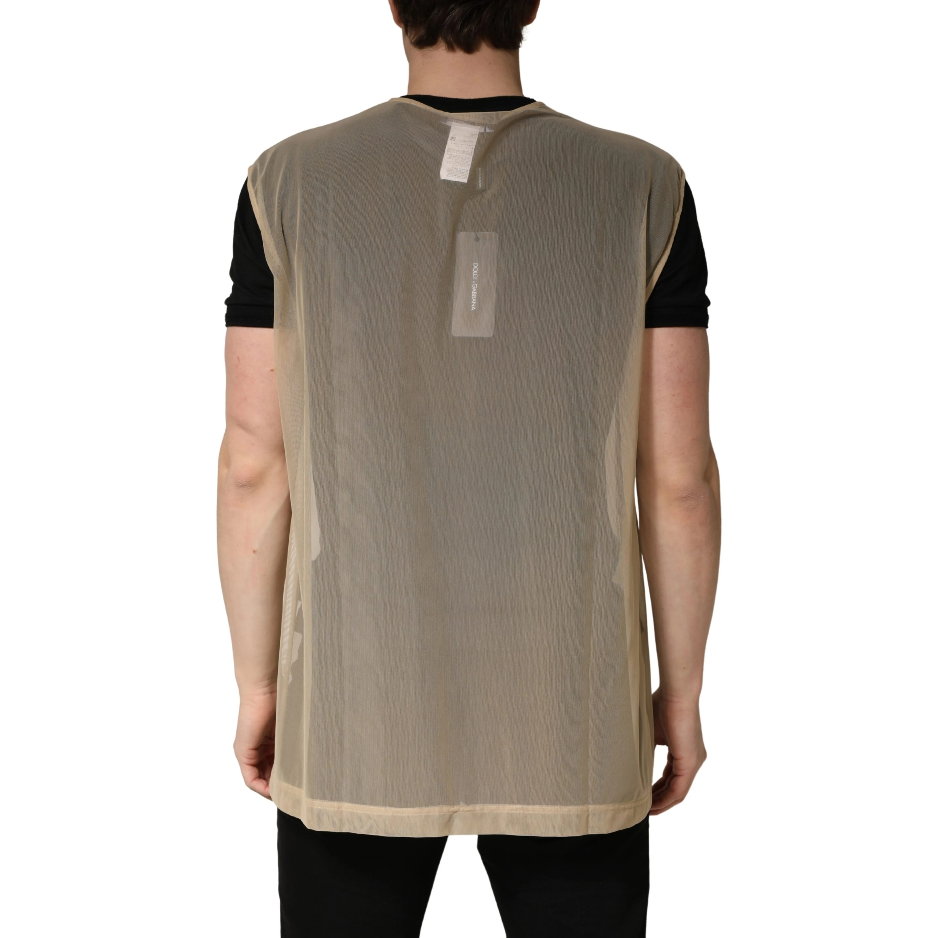 Beige Crew Neck Sleeveless Mesh Top  T-shirt