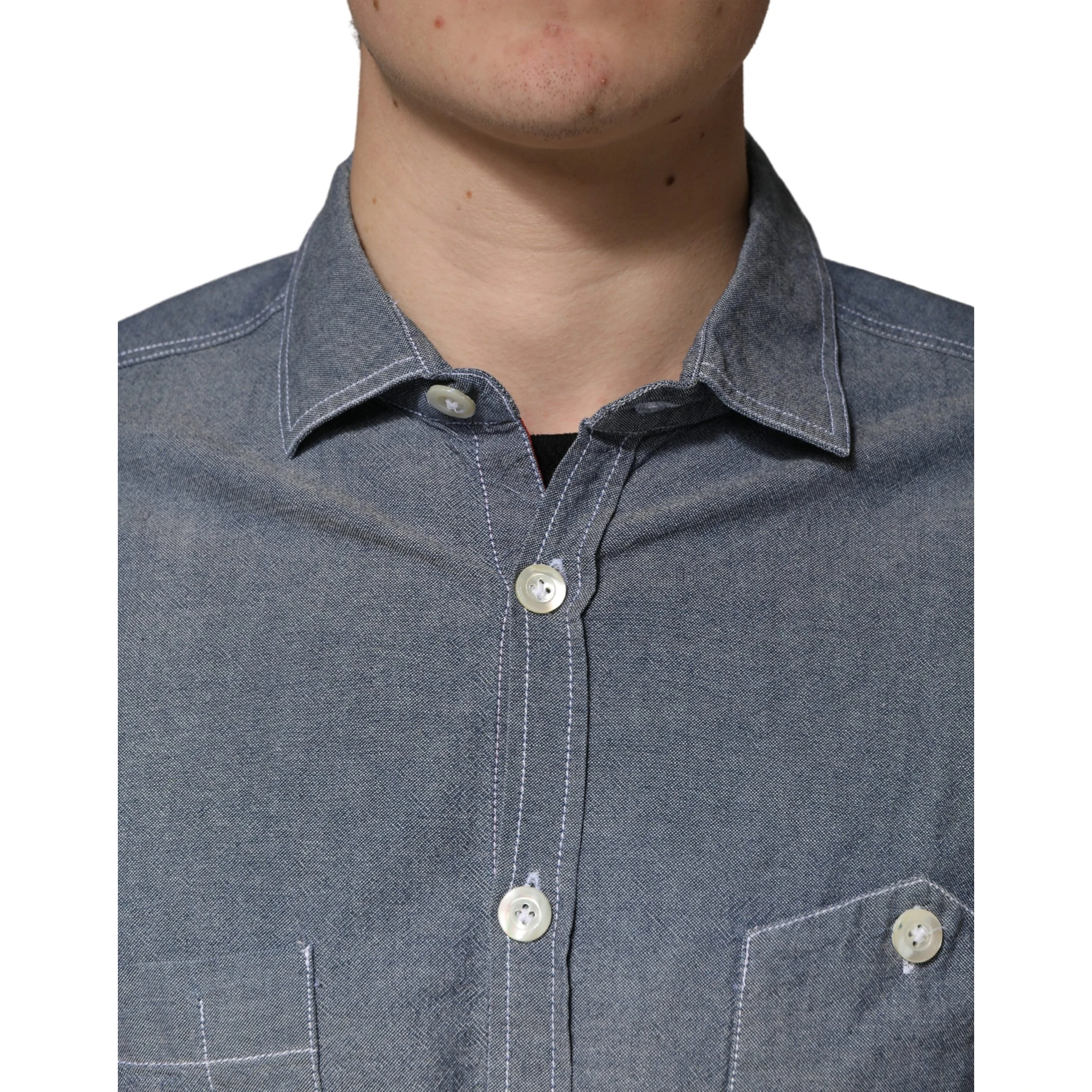 Dark Blue Slim Fit Collared Long Sleeve Denim Shirt