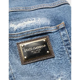 Blue Cotton Distressed Denim Bermuda Shorts