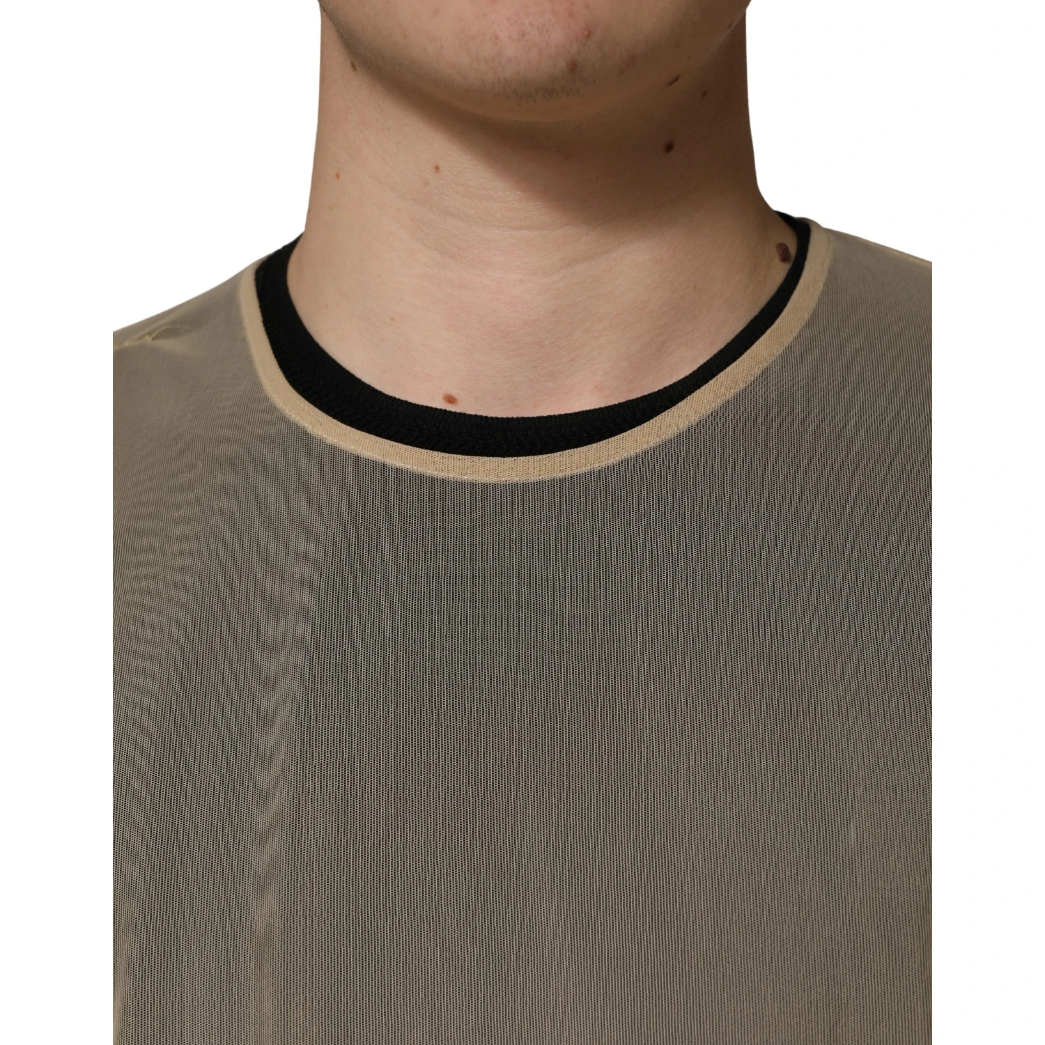 Beige Crew Neck Sleeveless Mesh Top  T-shirt