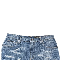 Blue Cotton Distressed Denim Bermuda Shorts
