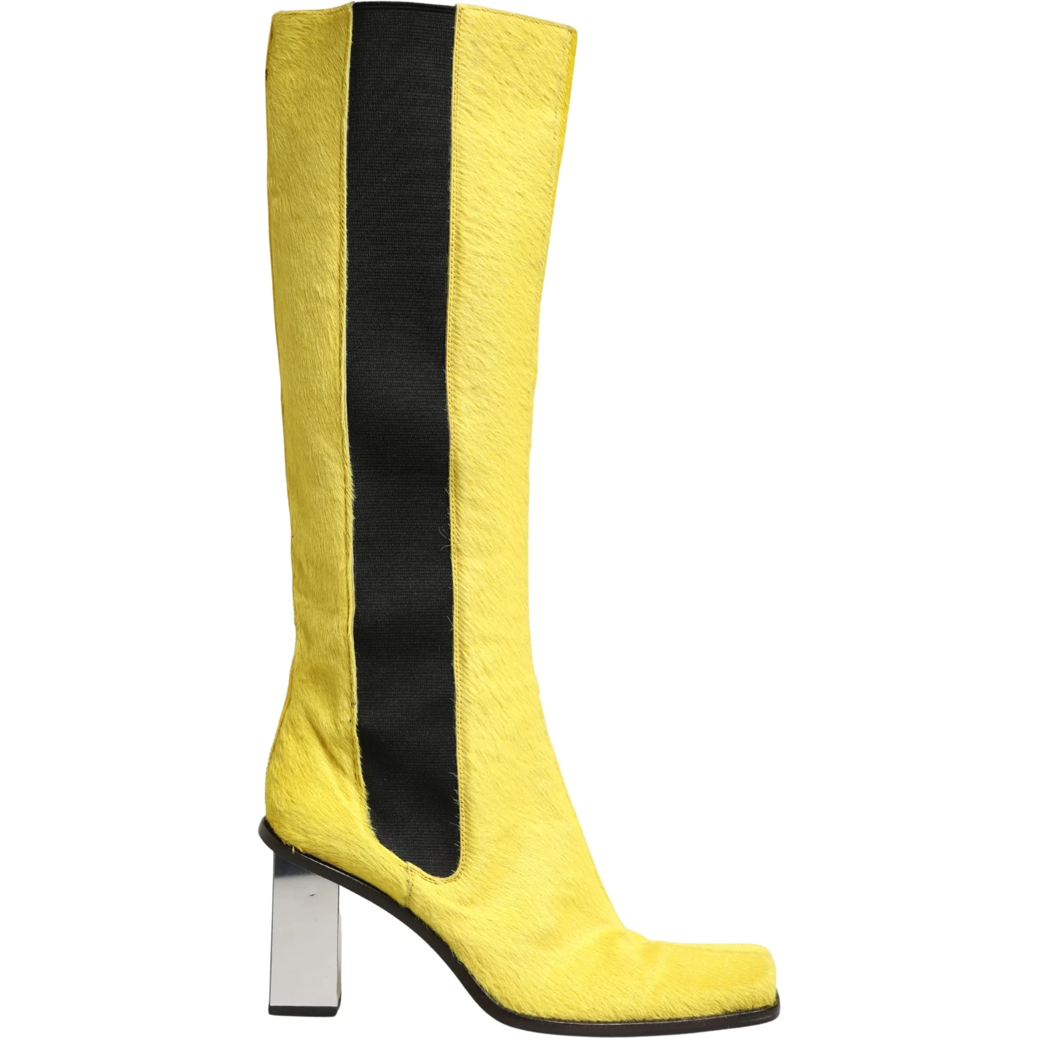 Yellow Black Leather Knee High Boots Shoes