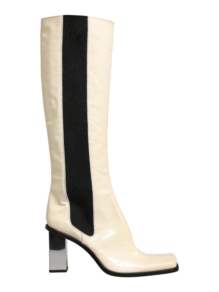 White Black Leather Knee High Boots Shoes