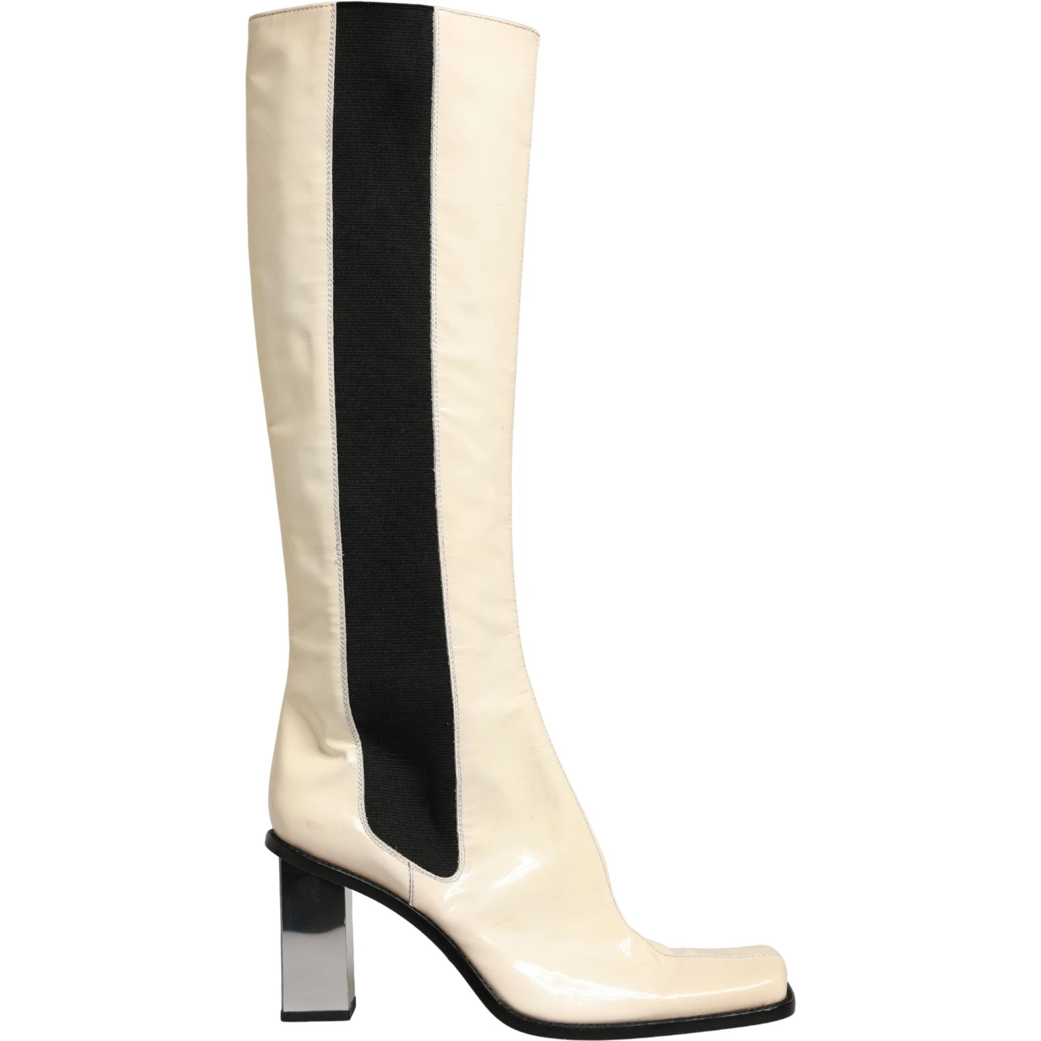 White Black Leather Knee High Boots Shoes