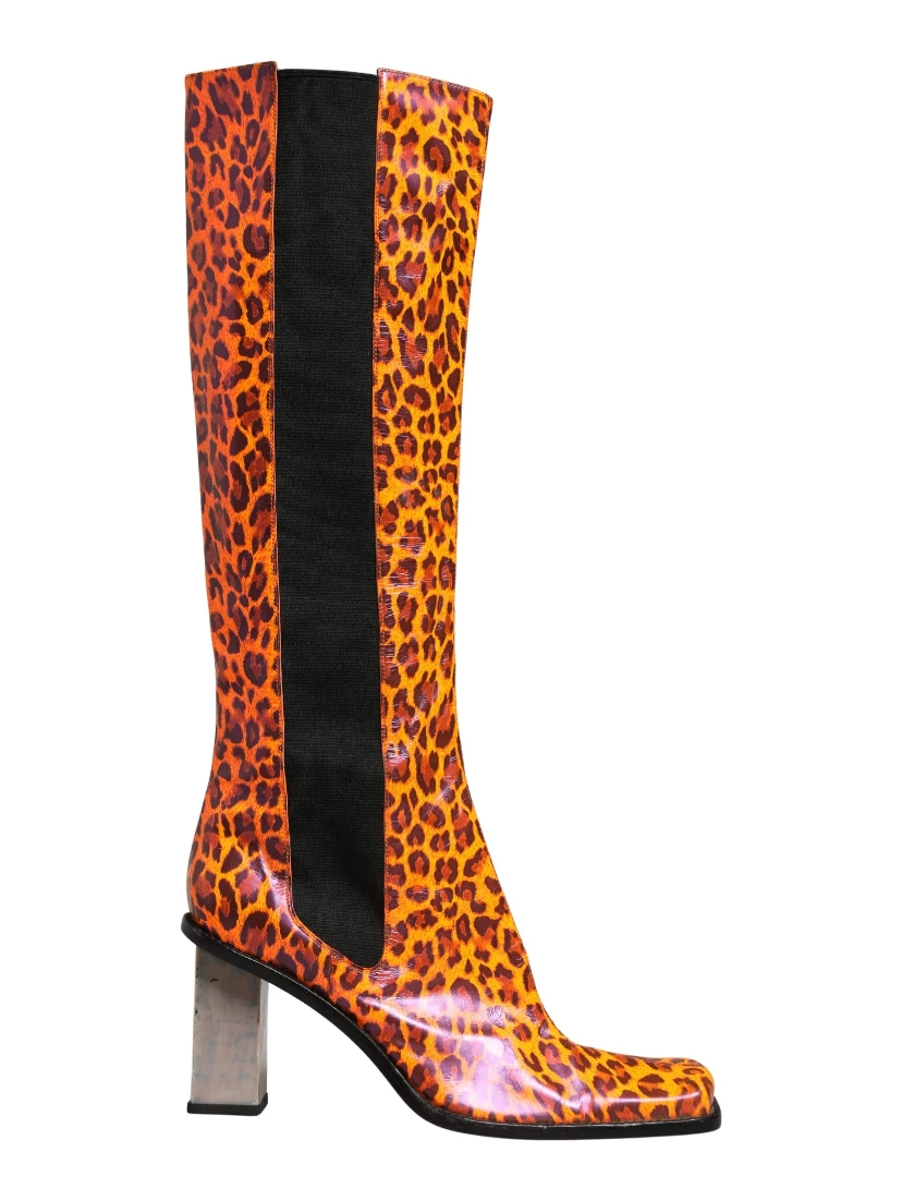 Brown Leopard Leather Knee High Boots Shoes
