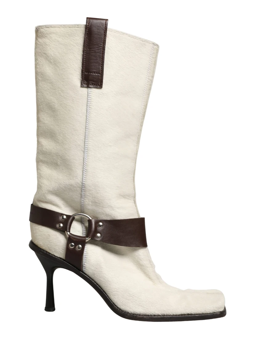 White Brown Fur Leather Mid Calf Boots Shoes