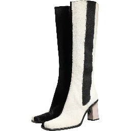 White Black Leather Knee High Boots Shoes