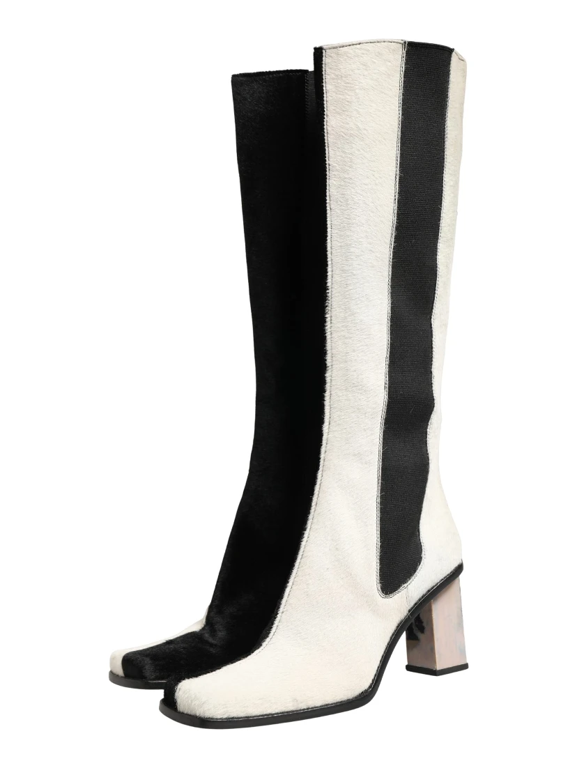 White Black Leather Knee High Boots Shoes