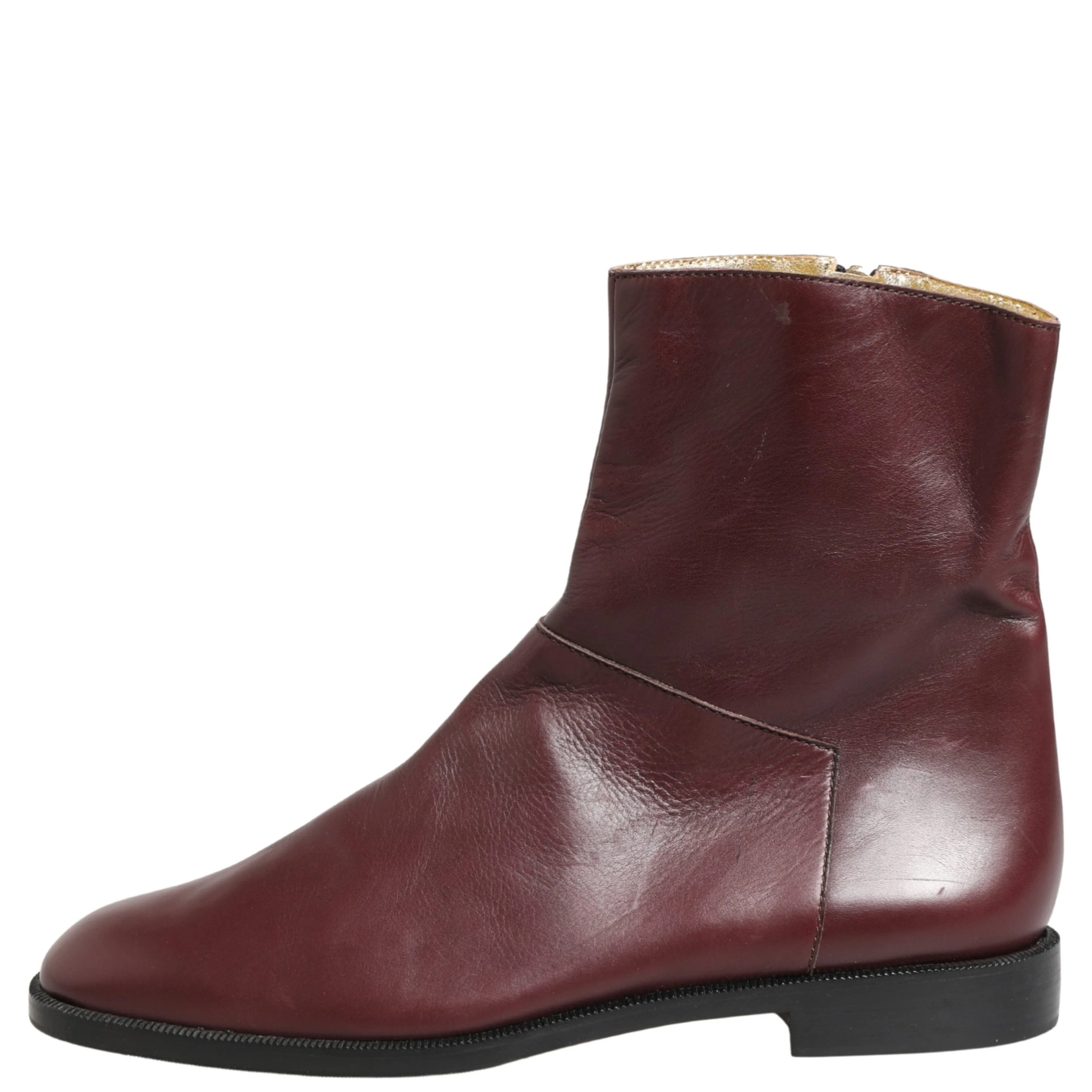 Maroon Leather Flats Biker Ankle Boots Shoes