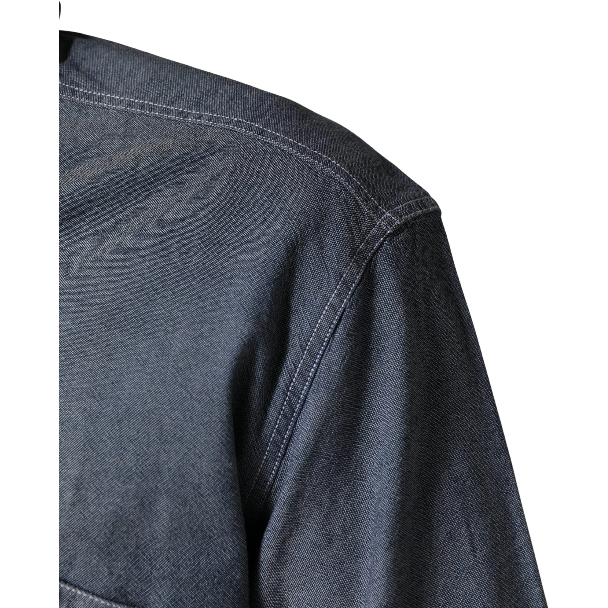 Dark Blue Slim Fit Collared Long Sleeve Denim Shirt