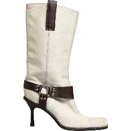 White Brown Fur Leather Mid Calf Boots Shoes