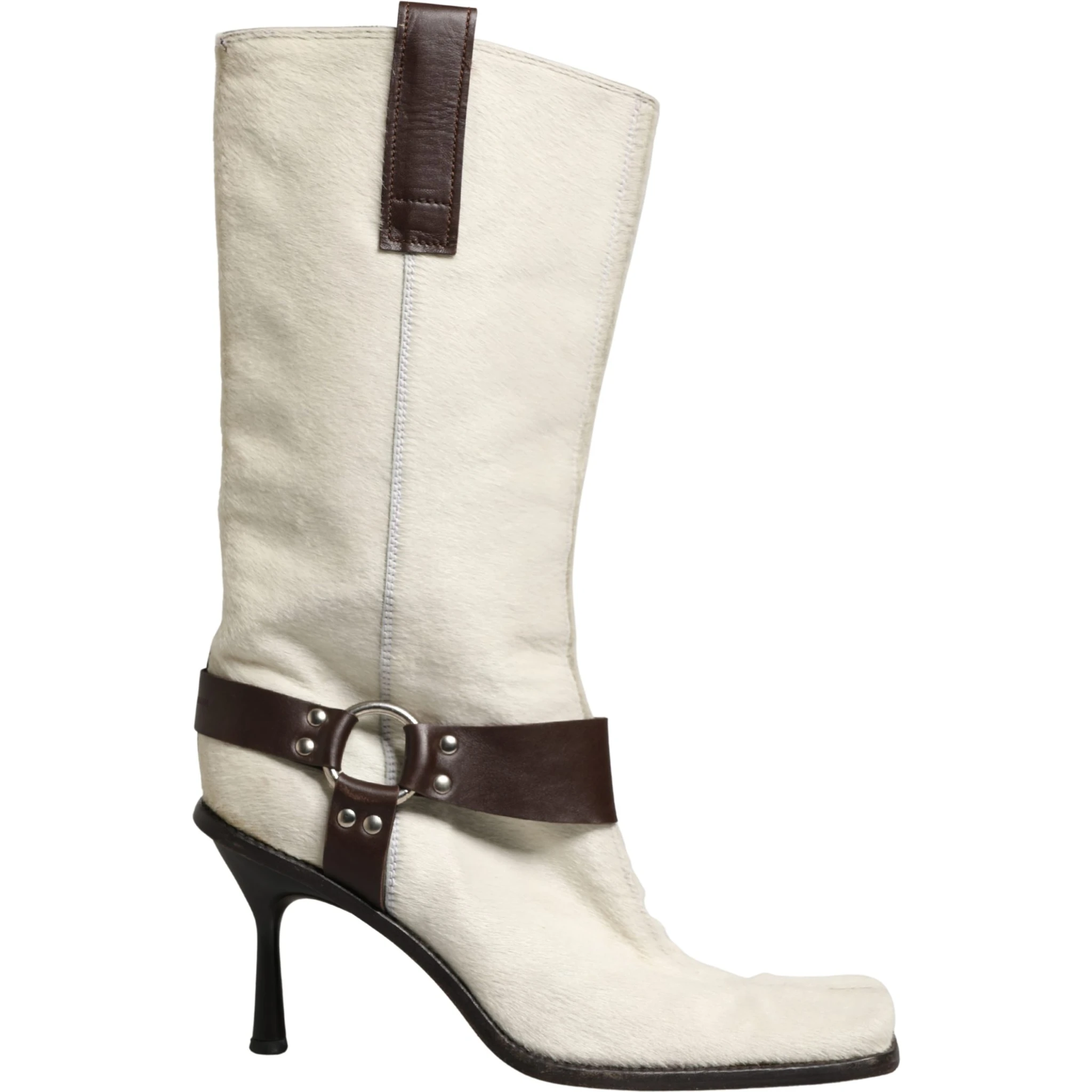 White Brown Fur Leather Mid Calf Boots Shoes