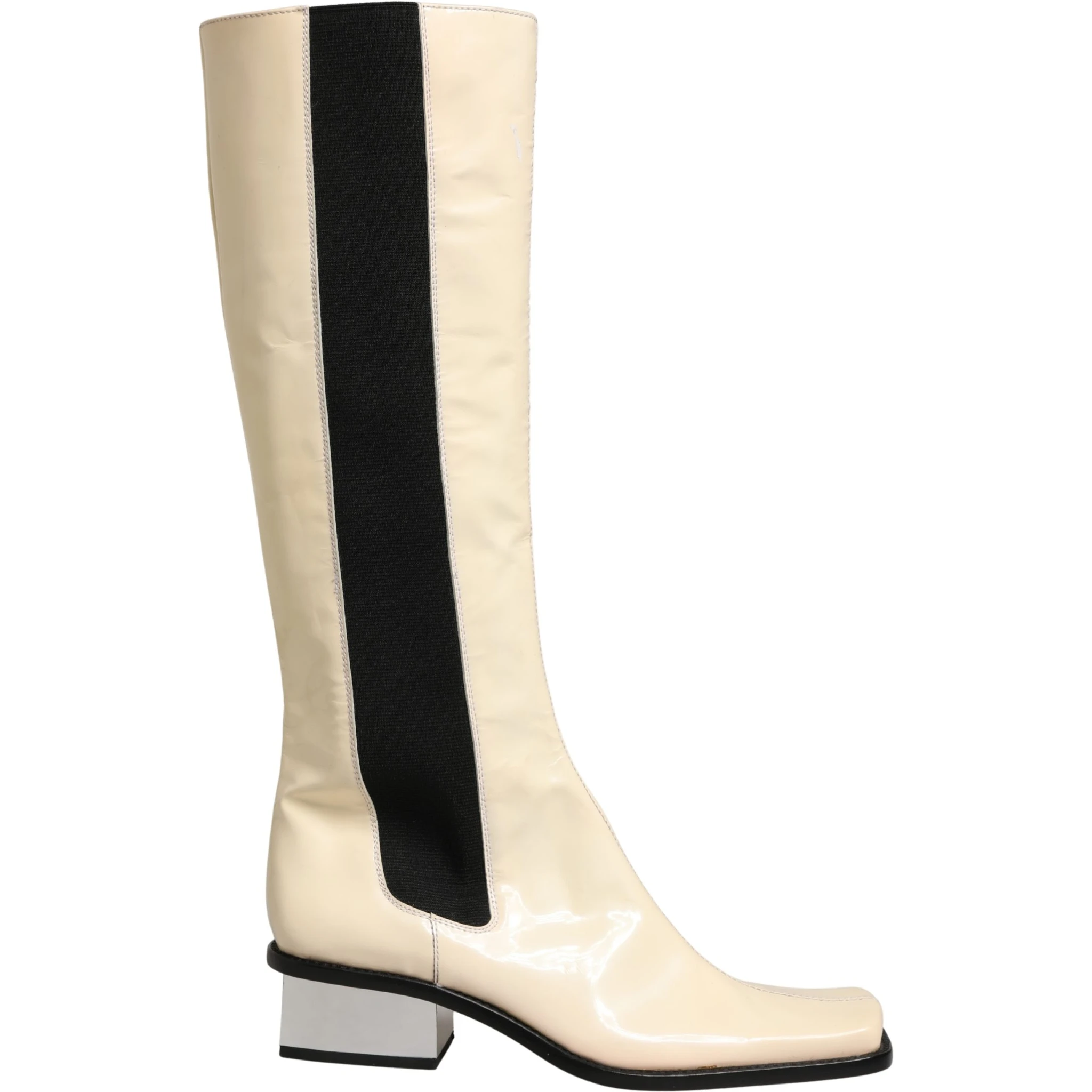 White Black Leather Knee High Boots Shoes