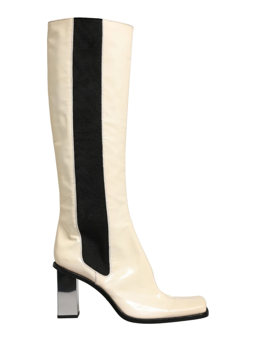 White Black Leather Knee High Boots Shoes