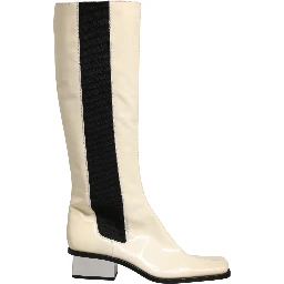 White Black Leather Knee High Boots Shoes