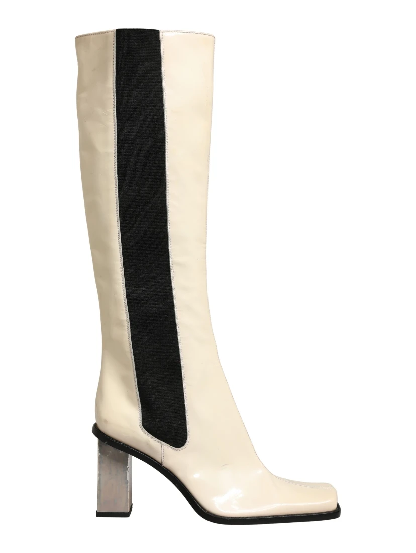 White Black Leather Knee High Boots Shoes