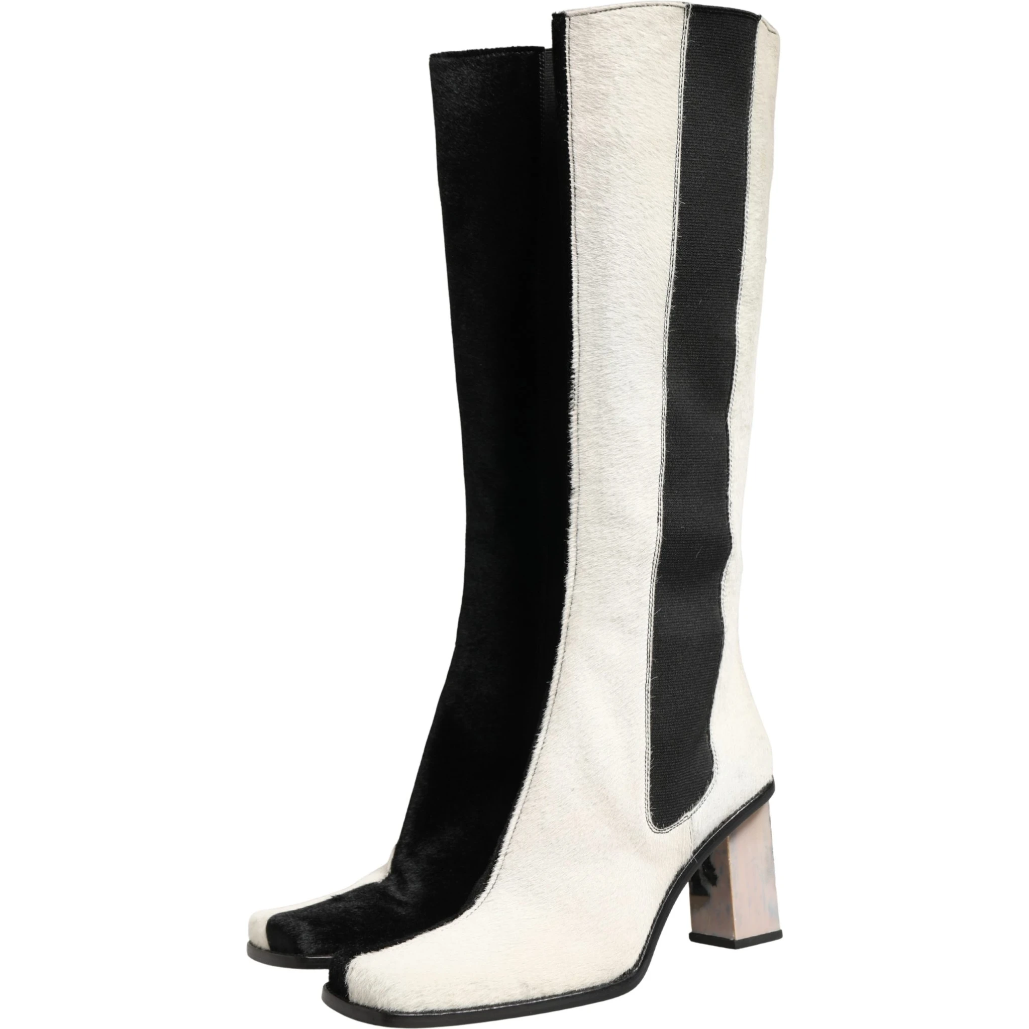 White Black Leather Knee High Boots Shoes