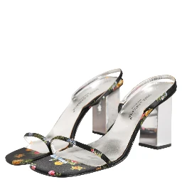 Black Silver Floral Block Heels Sandals Shoes