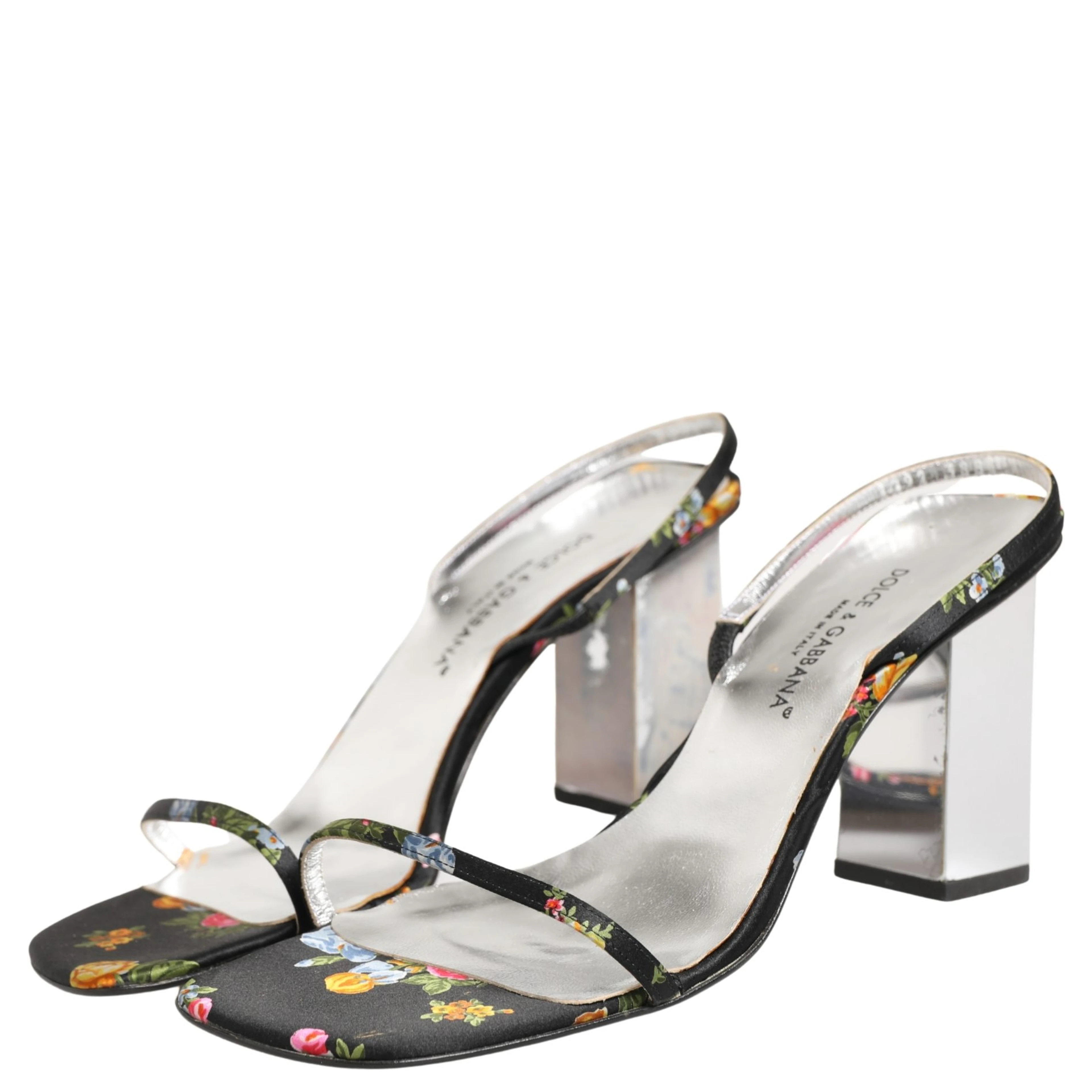 Black Silver Floral Block Heels Sandals Shoes