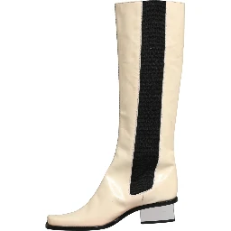 White Black Leather Knee High Boots Shoes