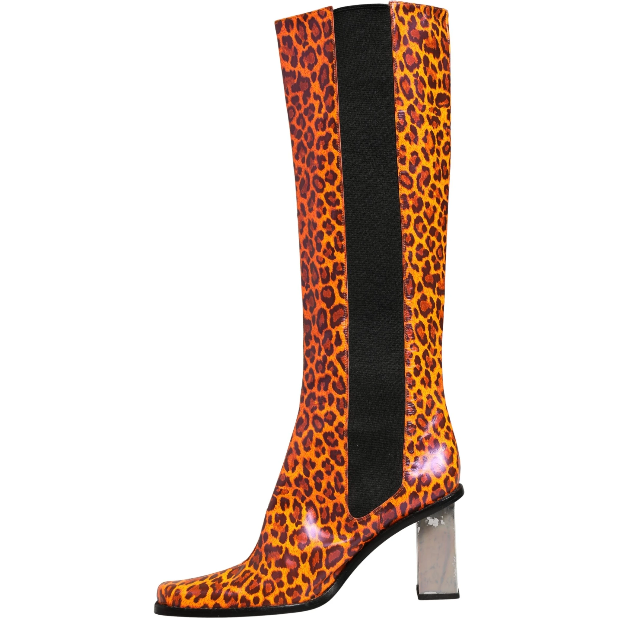 Brown Leopard Leather Knee High Boots Shoes