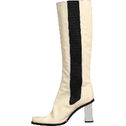 White Black Leather Knee High Boots Shoes