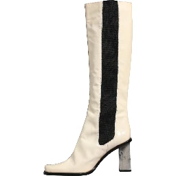 White Black Leather Knee High Boots Shoes