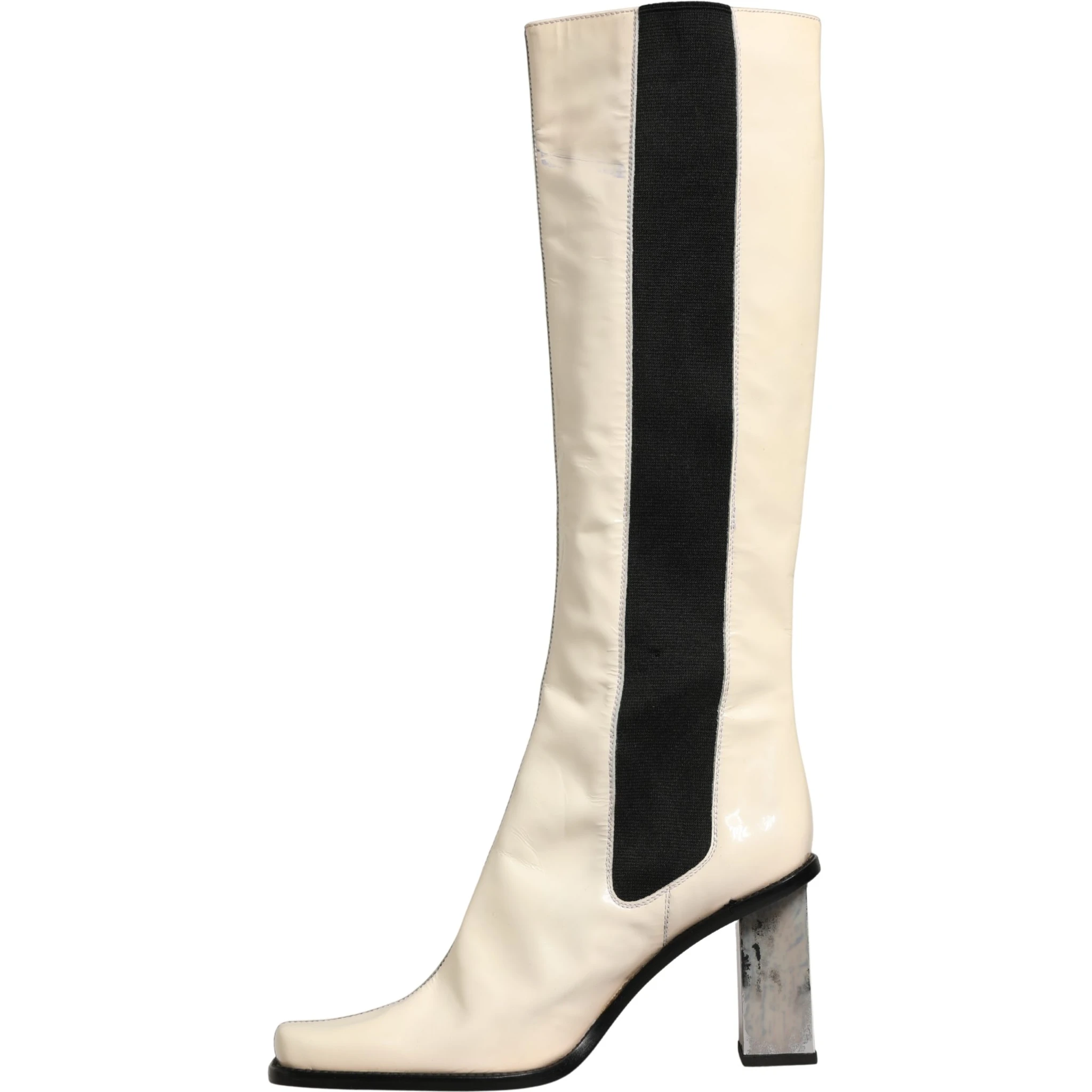White Black Leather Knee High Boots Shoes