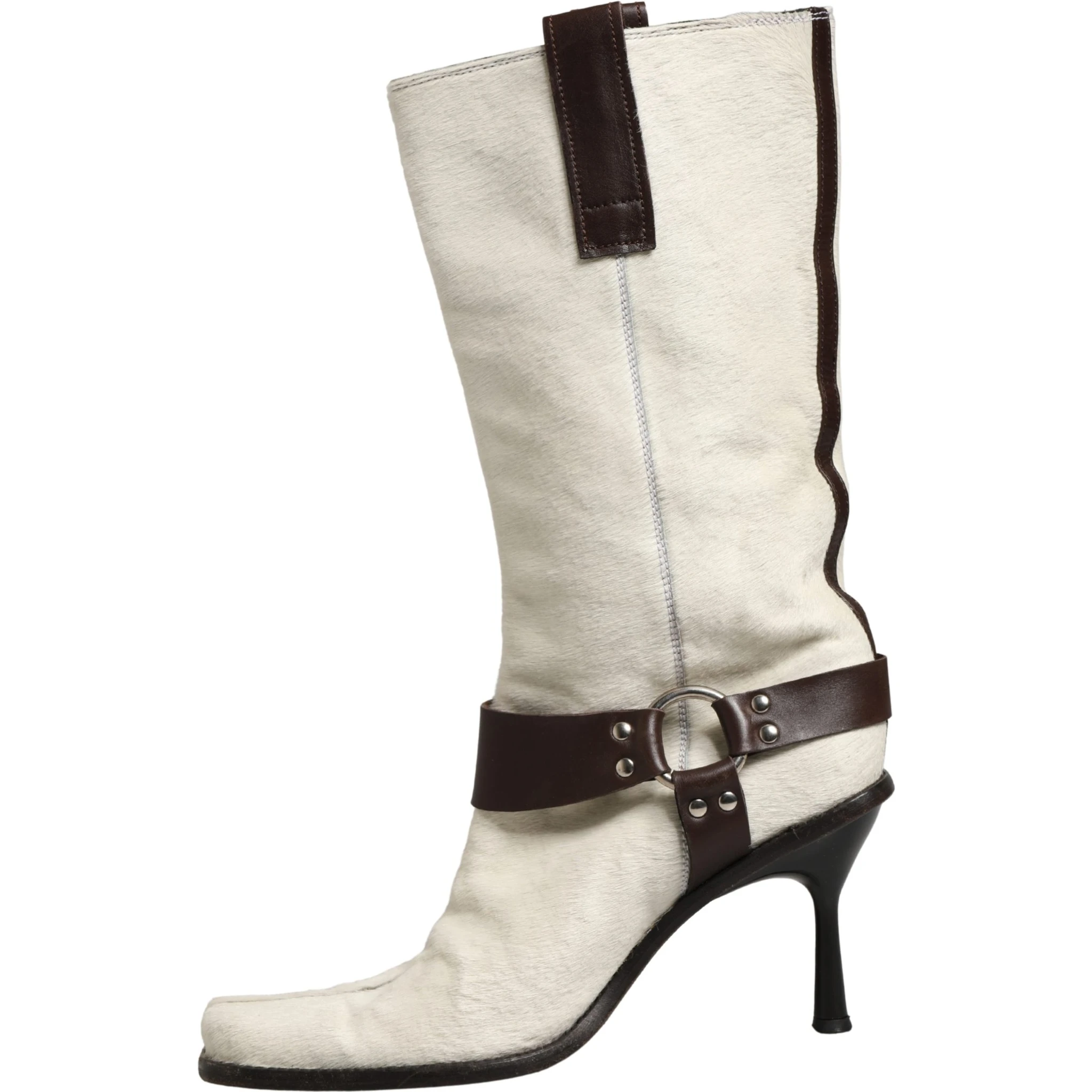 White Brown Fur Leather Mid Calf Boots Shoes
