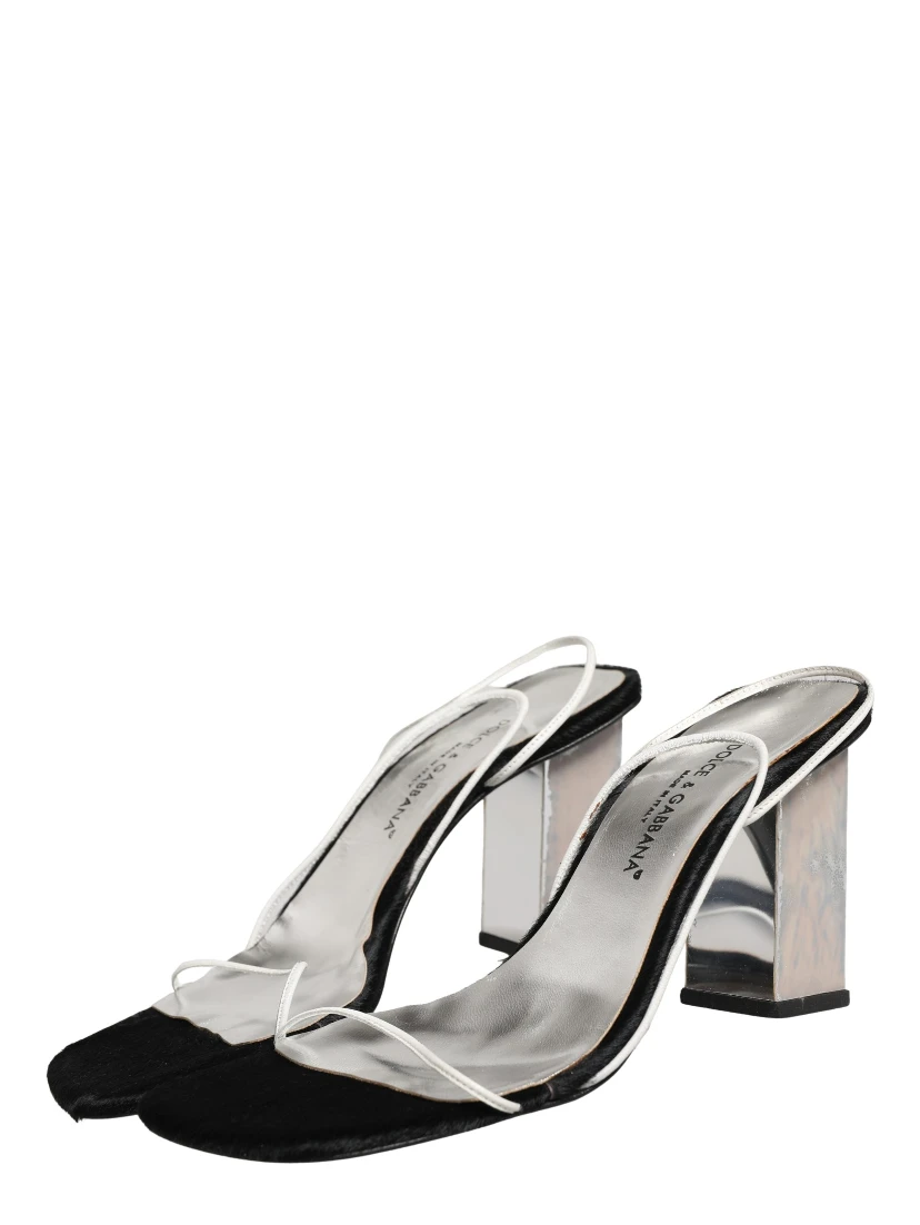 Silver Black Leather Block Heels Sandals Shoes