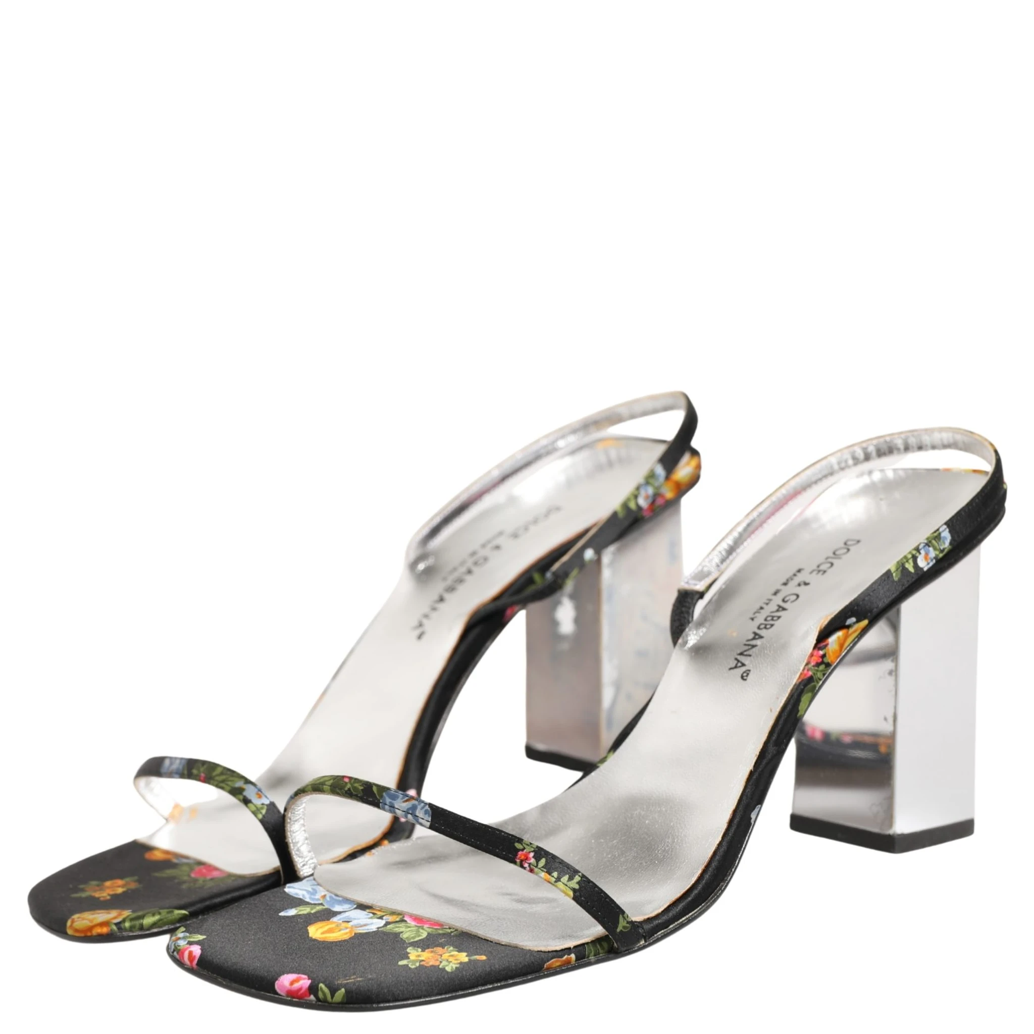 Black Silver Floral Block Heels Sandals Shoes