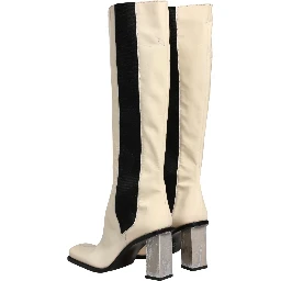 White Black Leather Knee High Boots Shoes