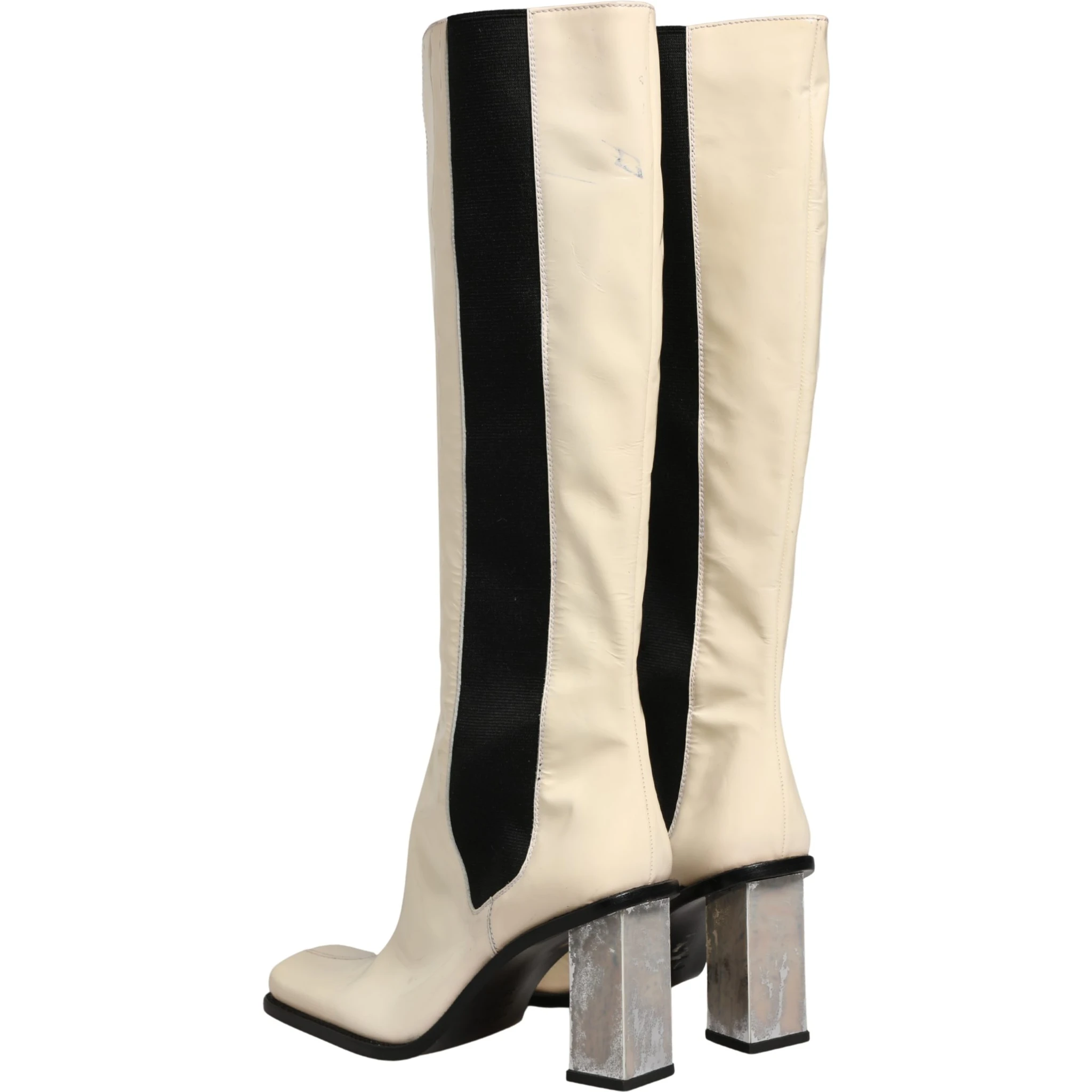 White Black Leather Knee High Boots Shoes