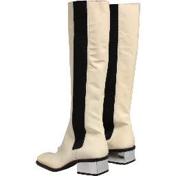 White Black Leather Knee High Boots Shoes