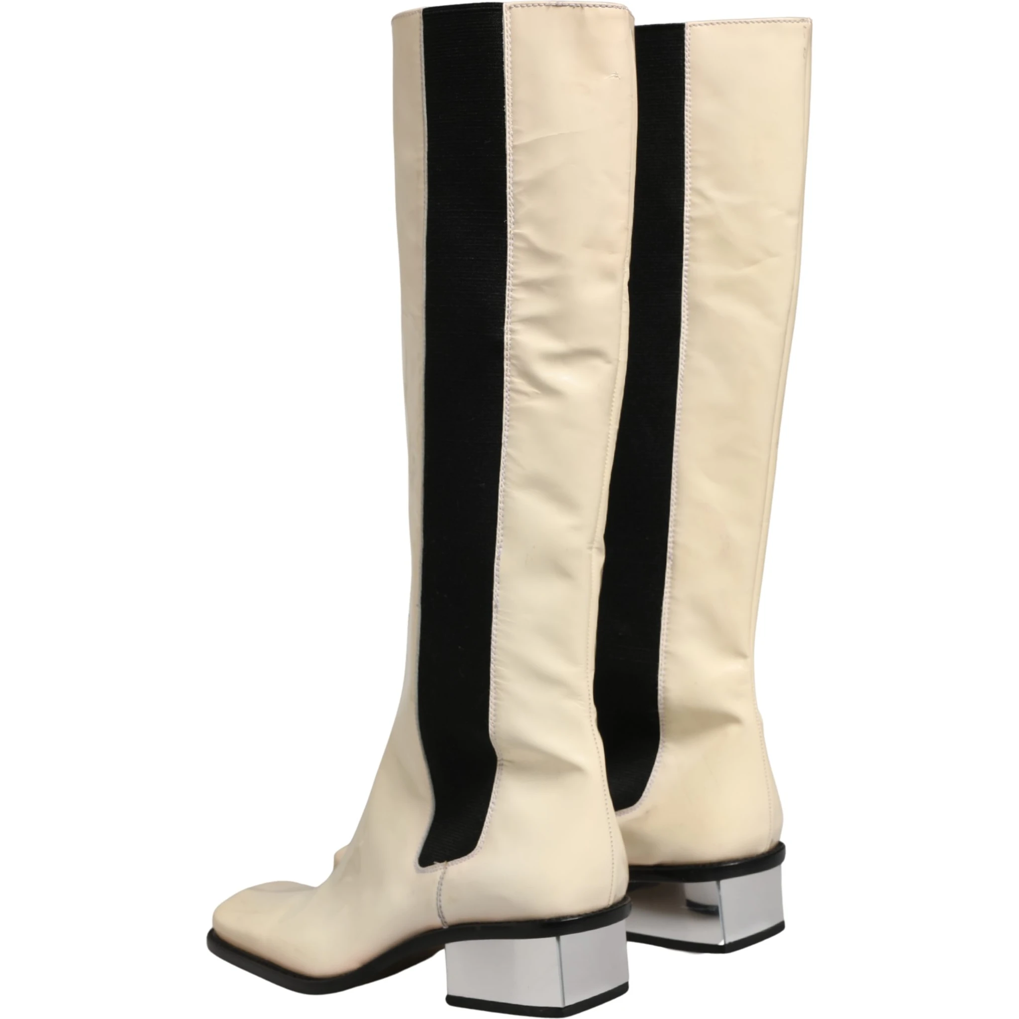 White Black Leather Knee High Boots Shoes
