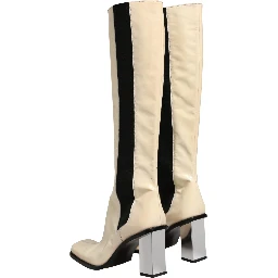 White Black Leather Knee High Boots Shoes