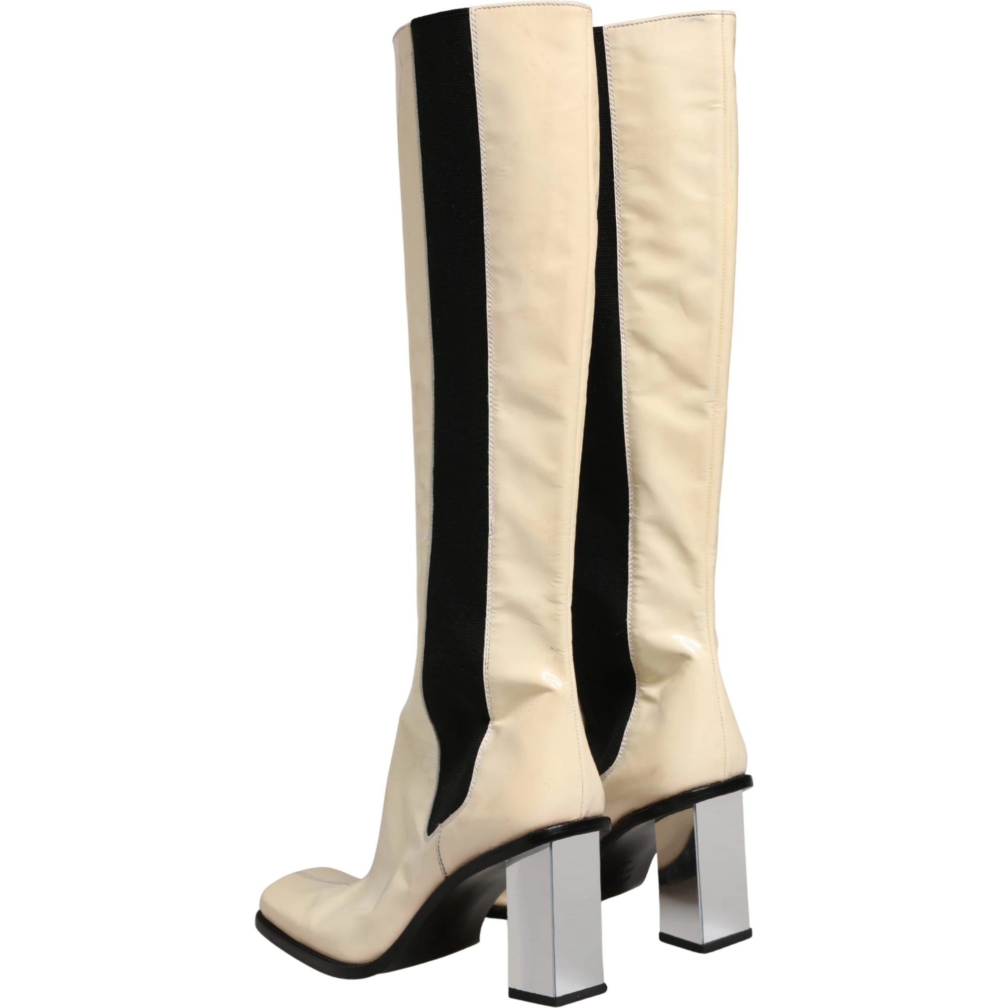 White Black Leather Knee High Boots Shoes