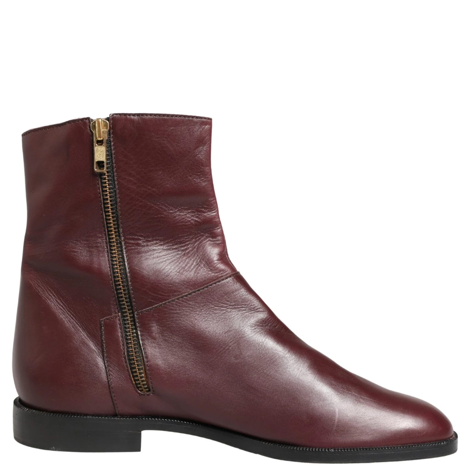 Maroon Leather Flats Biker Ankle Boots Shoes