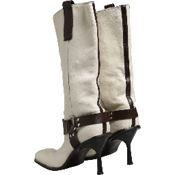 White Brown Fur Leather Mid Calf Boots Shoes