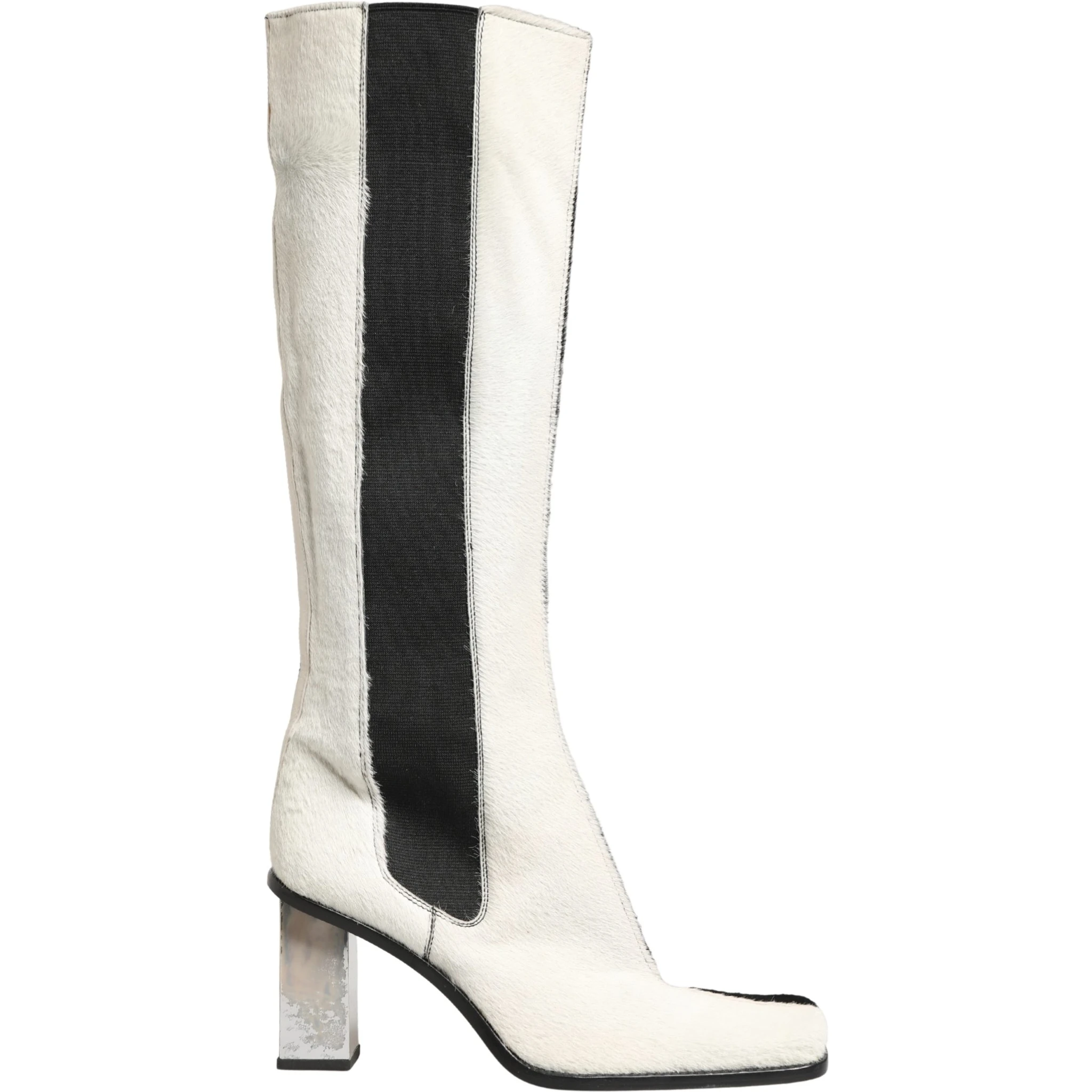 White Black Leather Knee High Boots Shoes