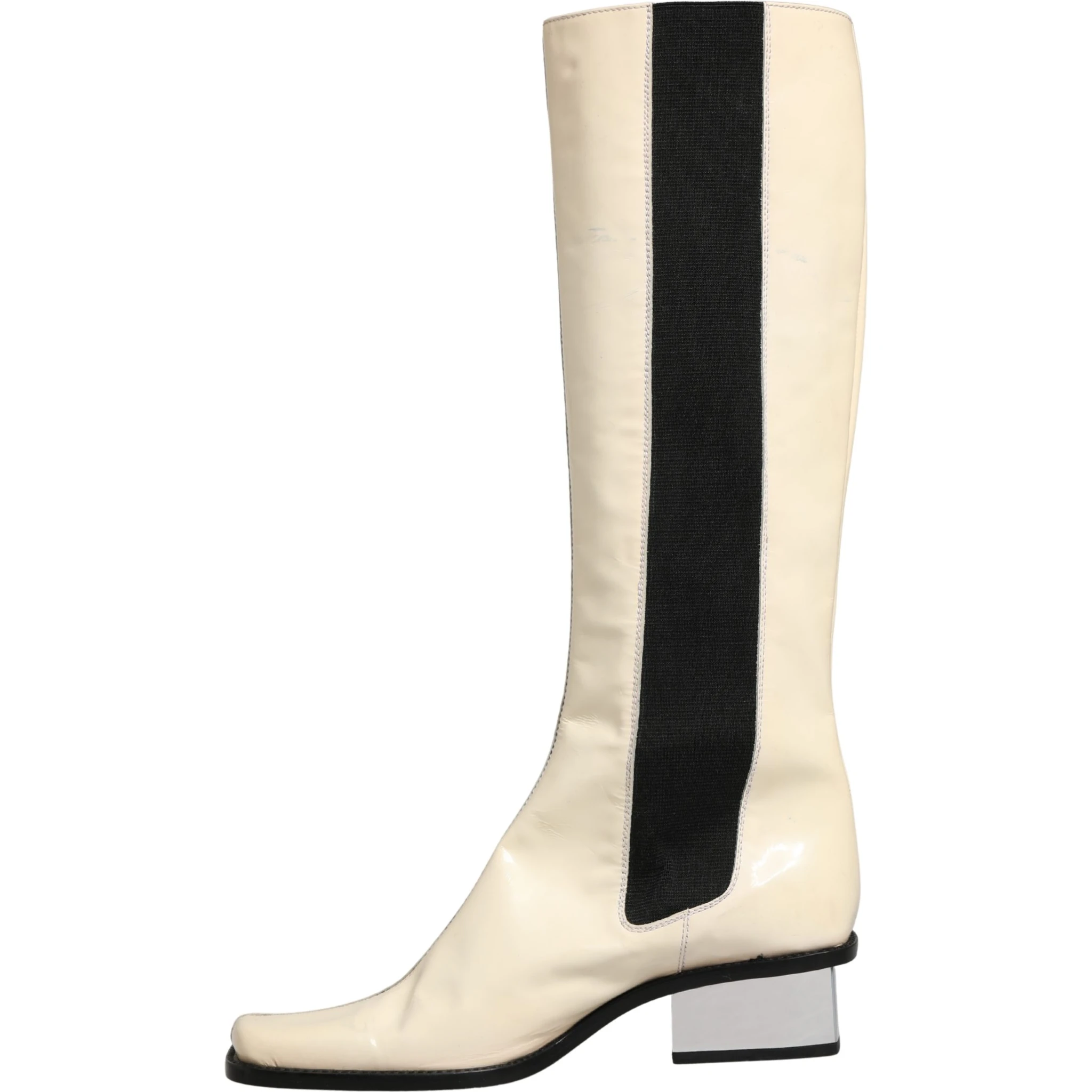 White Black Leather Knee High Boots Shoes