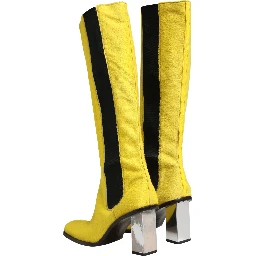 Yellow Black Leather Knee High Boots Shoes