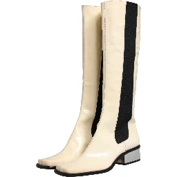 White Black Leather Knee High Boots Shoes